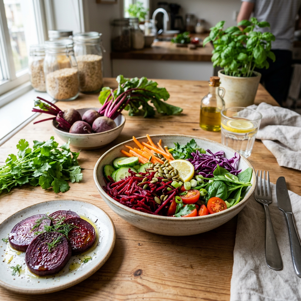 Colorful vegetable bowl with roasted beets on a kitchen table