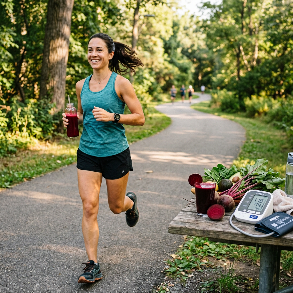 Woman running on a wooded path beside beet juice and blood pressure monitor