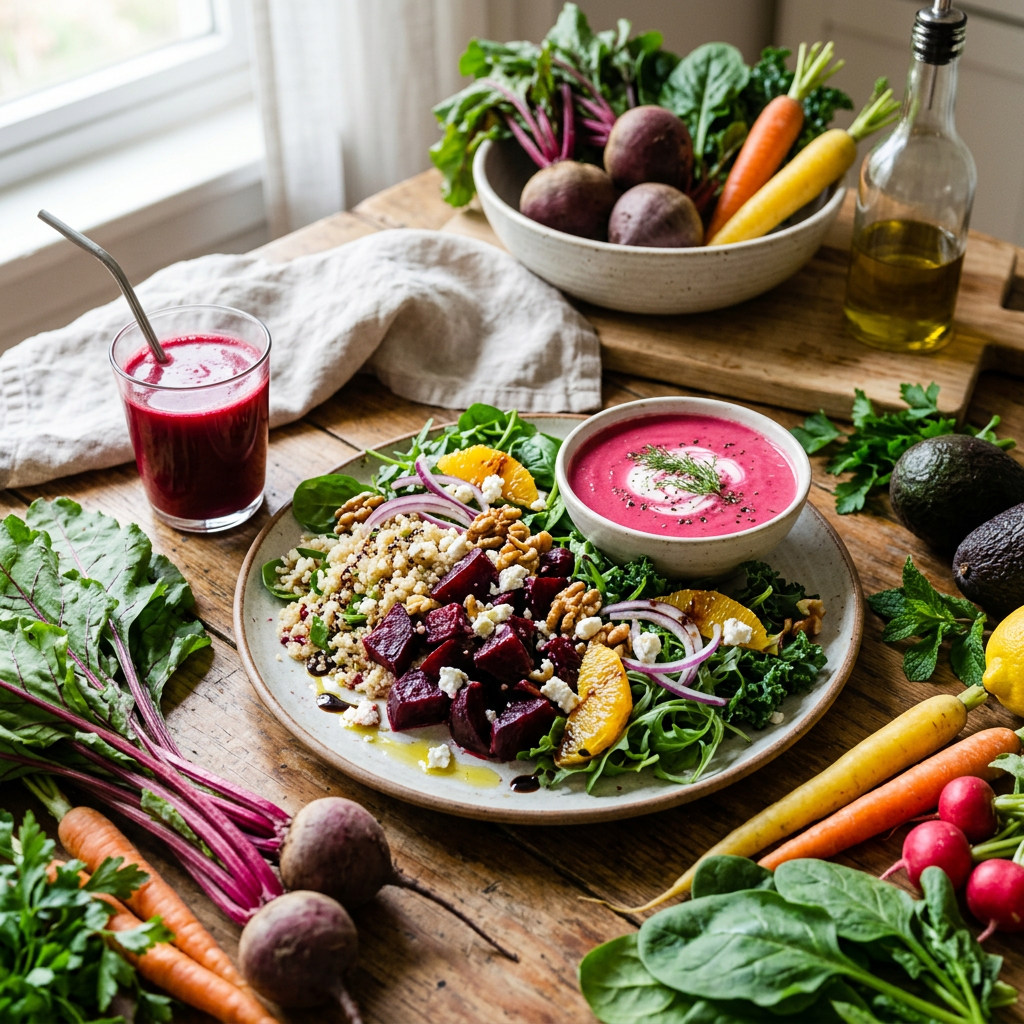 Beet and grain salad with pink soup surrounded by fresh vegetables