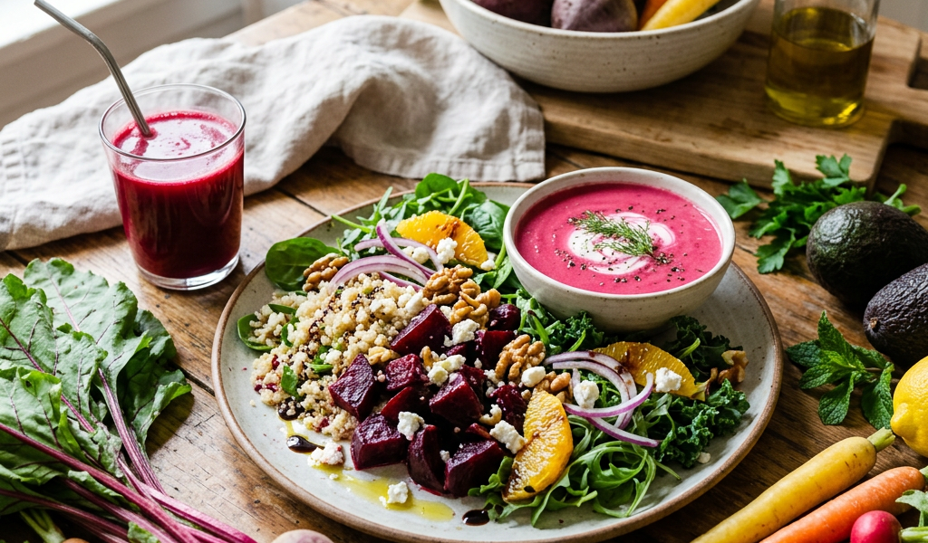 Beet and grain salad with pink soup surrounded by fresh vegetables