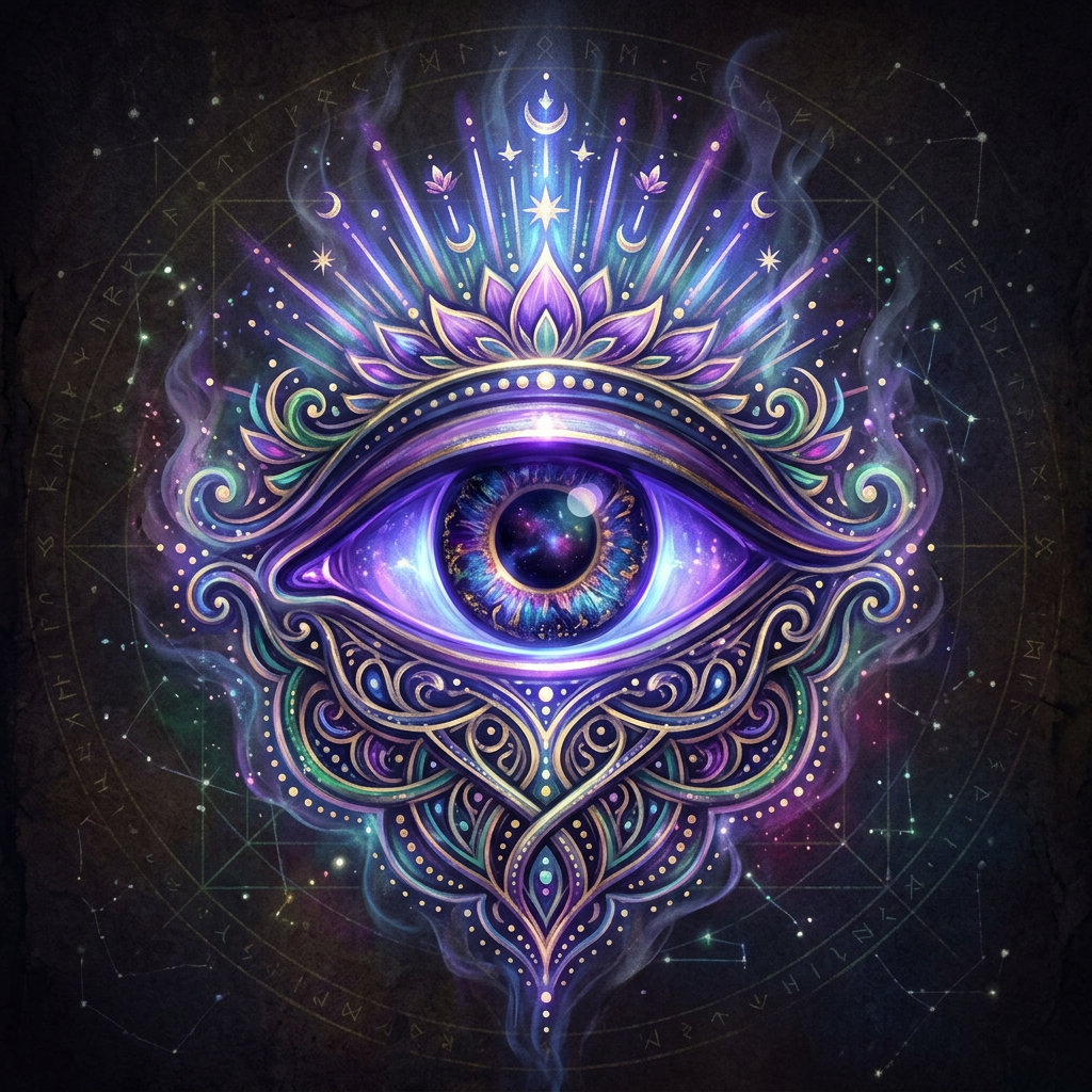 Ornate purple cosmic eye surrounded by lotus petals, stars, and mystical symbols