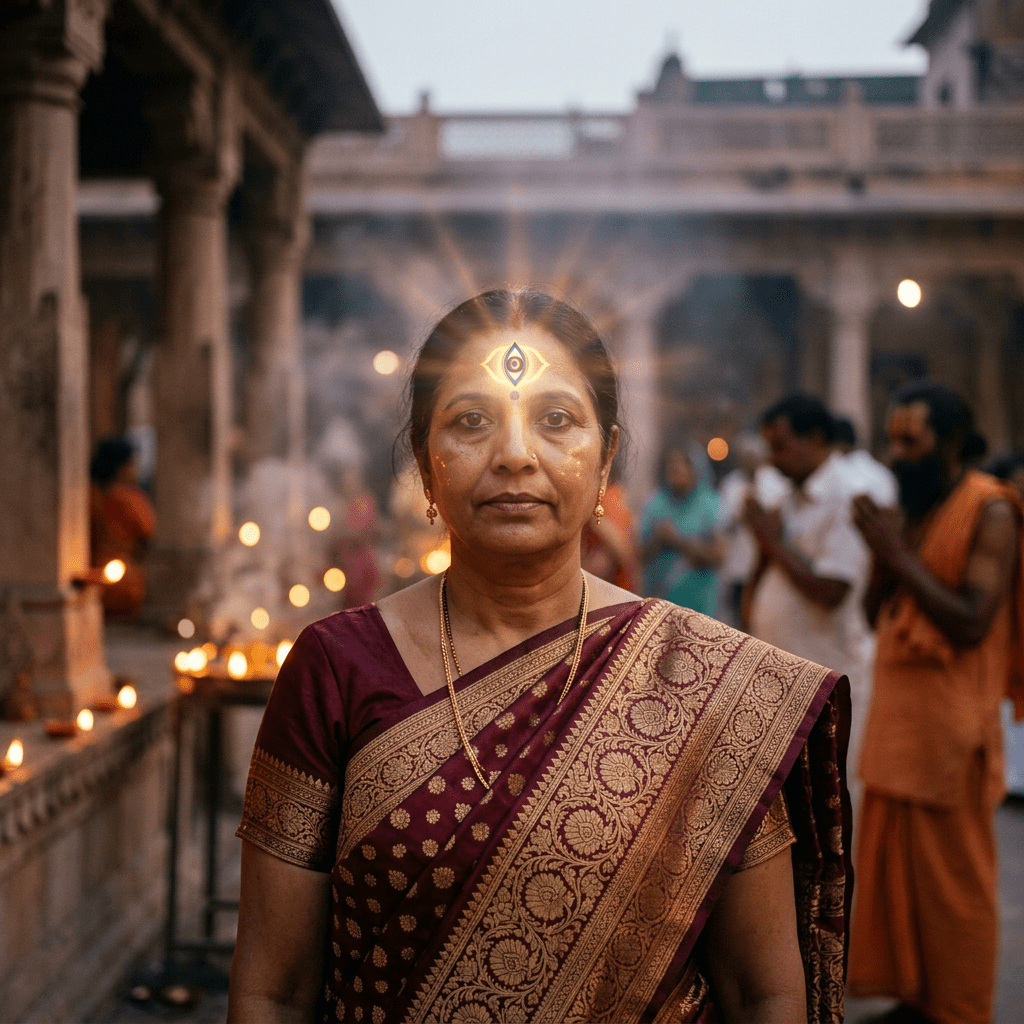 Woman in maroon sari standing among glowing lamps at a temple festival