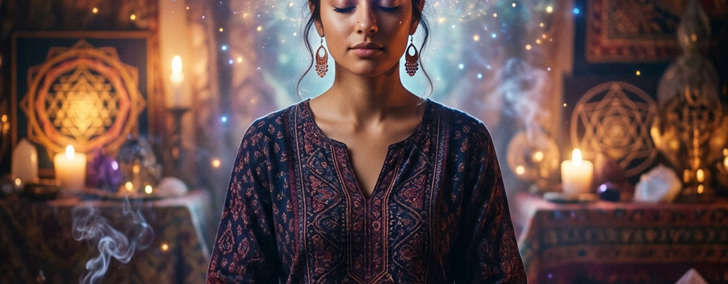 Woman meditating cross-legged with a glowing third eye and surrounding energy