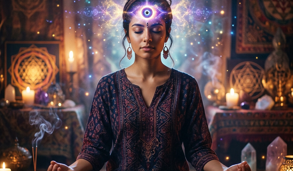 Woman meditating cross-legged with a glowing third eye and surrounding energy