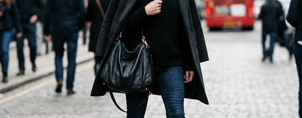 Woman in black coat walking along a cobblestone city street