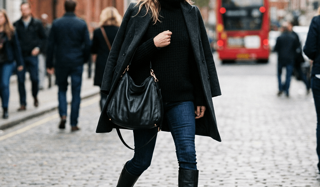 Woman in black coat walking along a cobblestone city street