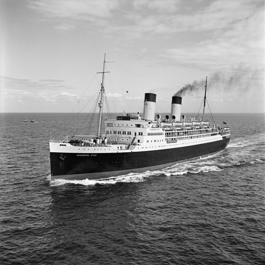 Vintage ocean liner sailing across open water with smoke rising