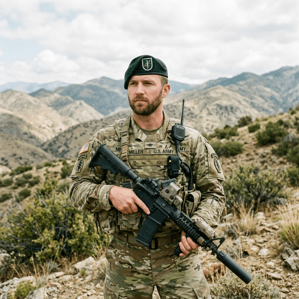 U.S. Army soldier named Miller holding a rifle in mountains