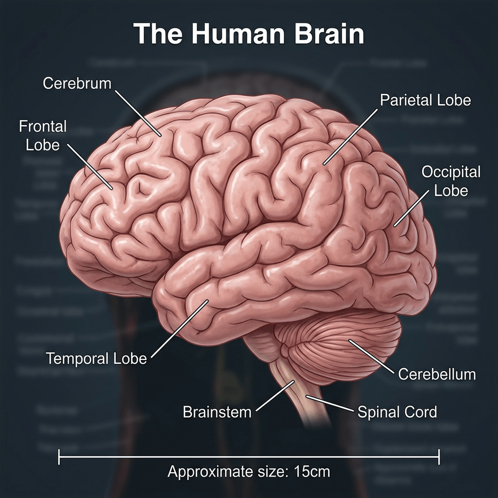 The Human Brain diagram labels cerebrum, frontal lobe, parietal lobe, occipital lobe, temporal lobe, cerebellum, brainstem, spinal cord, and approximate size: 15cm.