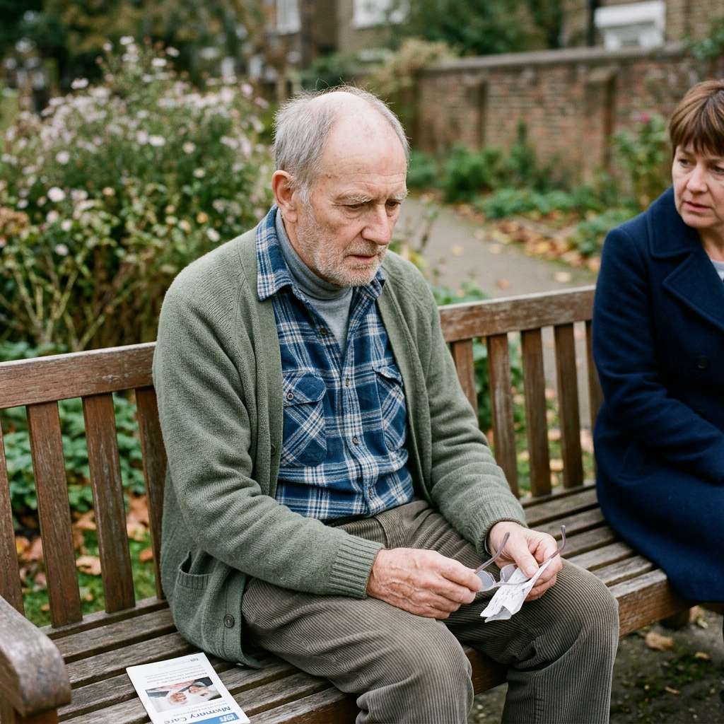 Older man holding glasses and leaflet beside a woman on garden bench