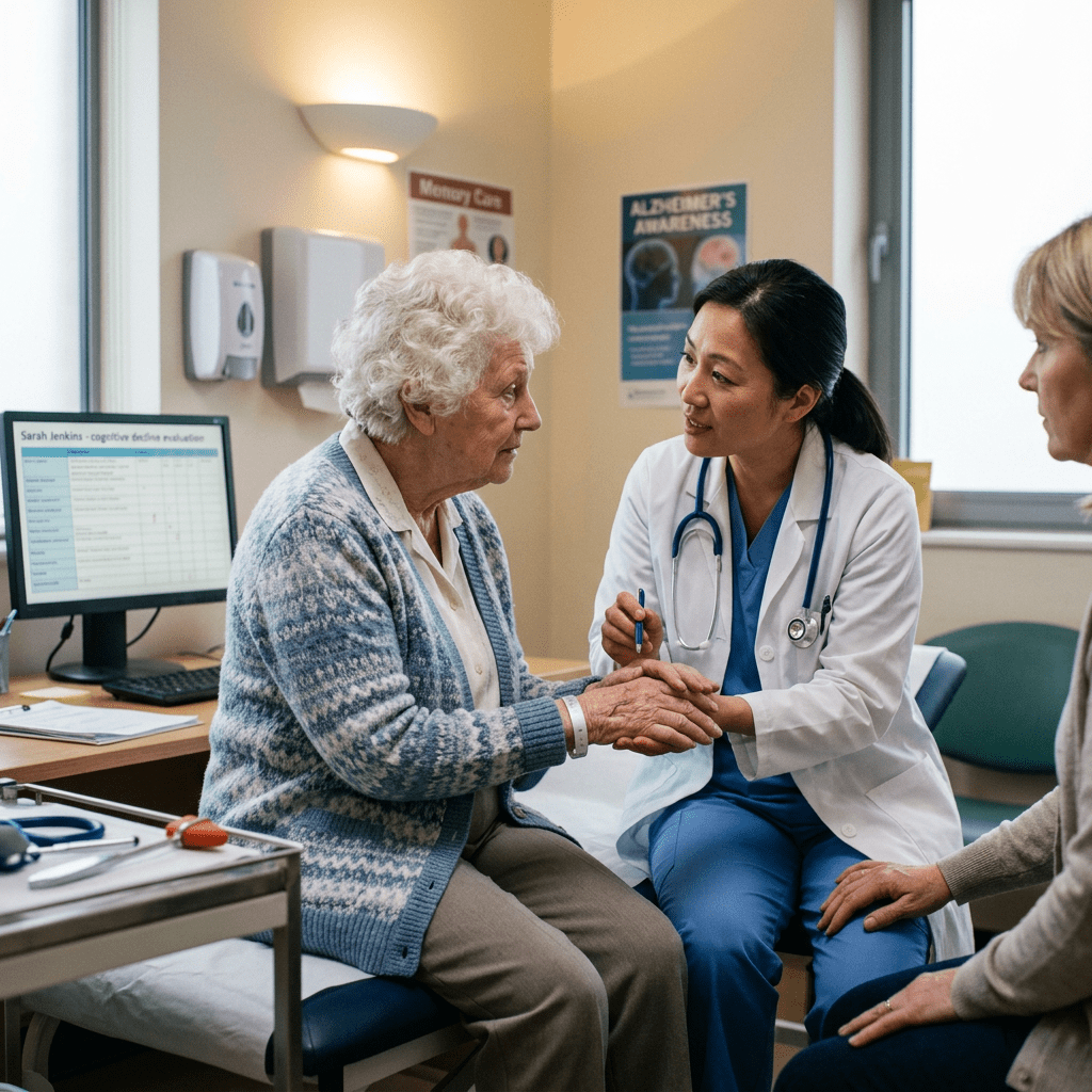 Clinician holding an older patient’s hands during a cognitive health consultation