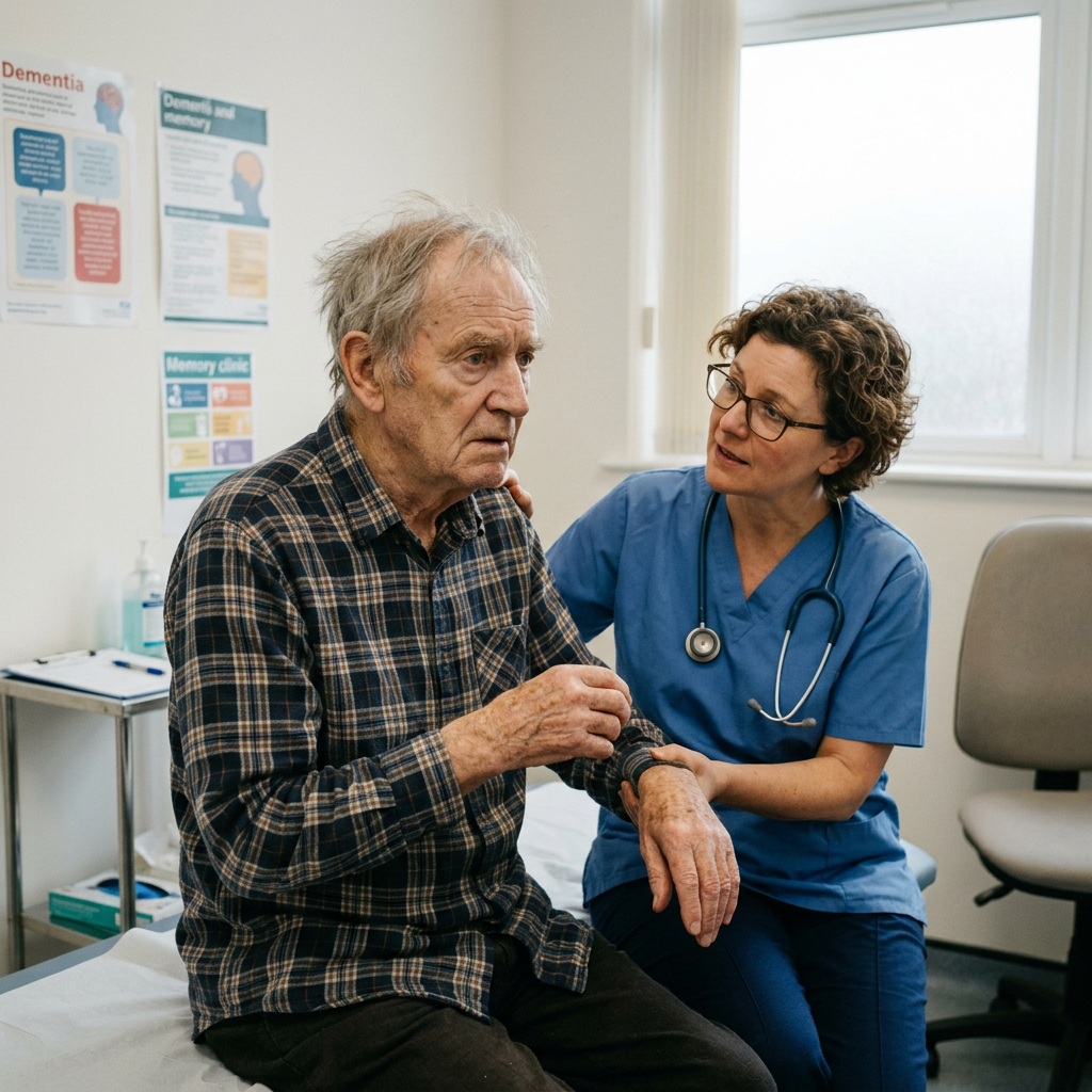 Healthcare professional supporting an older man during a dementia consultation