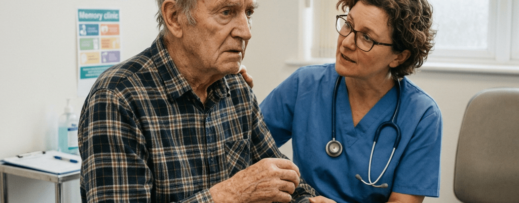 Healthcare professional supporting an older man during a dementia consultation