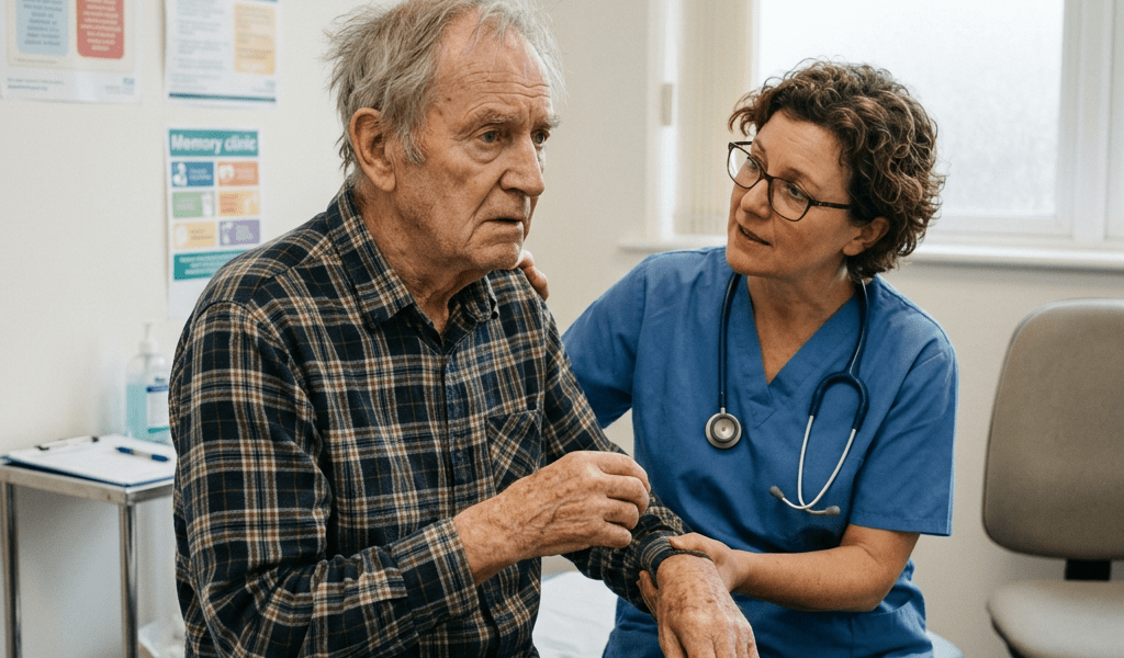 Healthcare professional supporting an older man during a dementia consultation