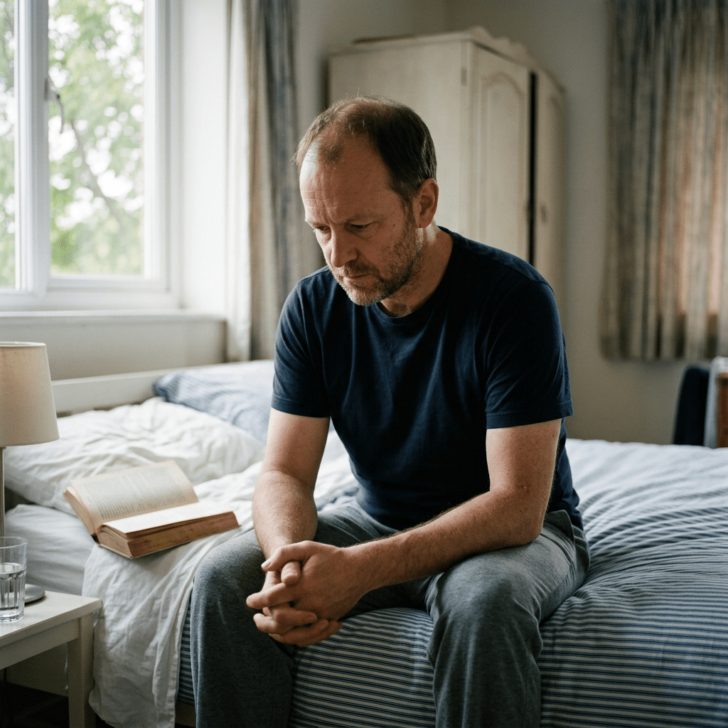 Man sitting thoughtfully on a bed in a softly lit bedroom