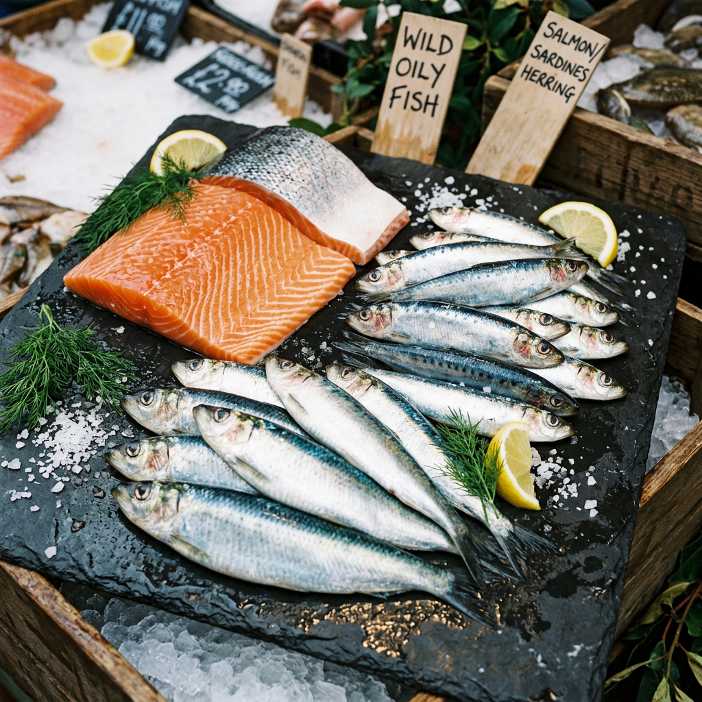 Fresh salmon and whole fish displayed on crushed ice with lemon and dill