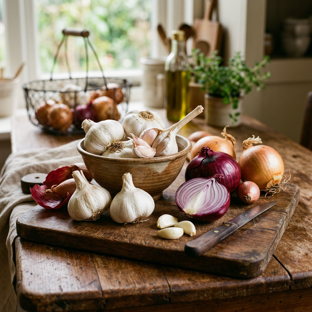 Garlic and onions on a cutting board beside a kitchen knife
