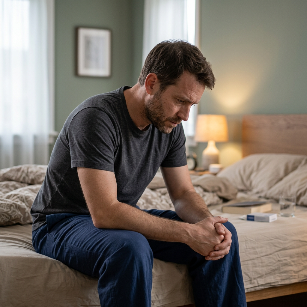 Man sitting thoughtfully on the edge of a bed