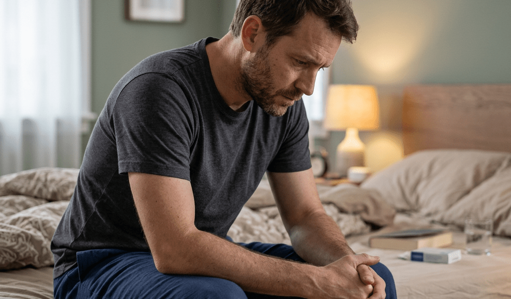 Man sitting thoughtfully on the edge of a bed