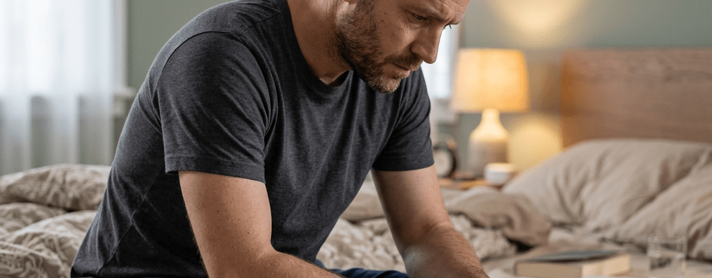 Man sitting thoughtfully on the edge of a bed