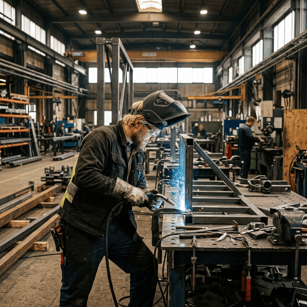 Welder using a torch to join a steel frame in an industrial workshop