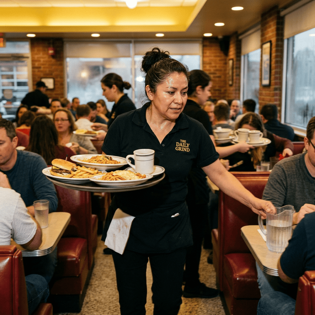 Server carrying a tray of meals through a busy diner