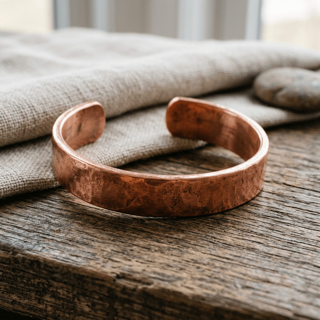 Copper cuff bracelet resting on linen fabric and rustic wooden table