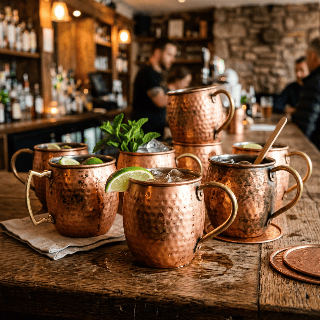 Copper mugs of lime-garnished drinks arranged on a wooden bar