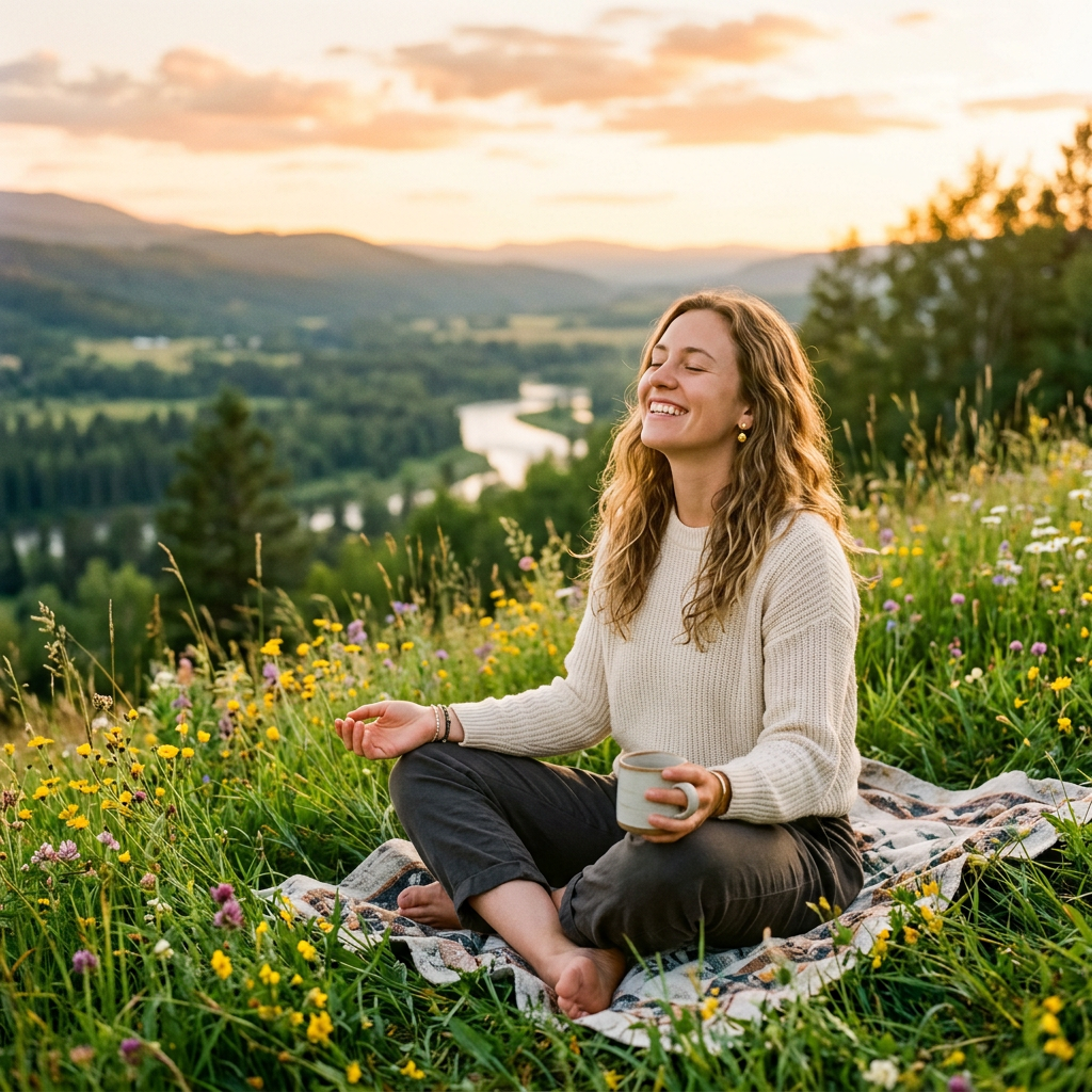 Woman sitting among wildflowers with tea overlooking mountains at sunset