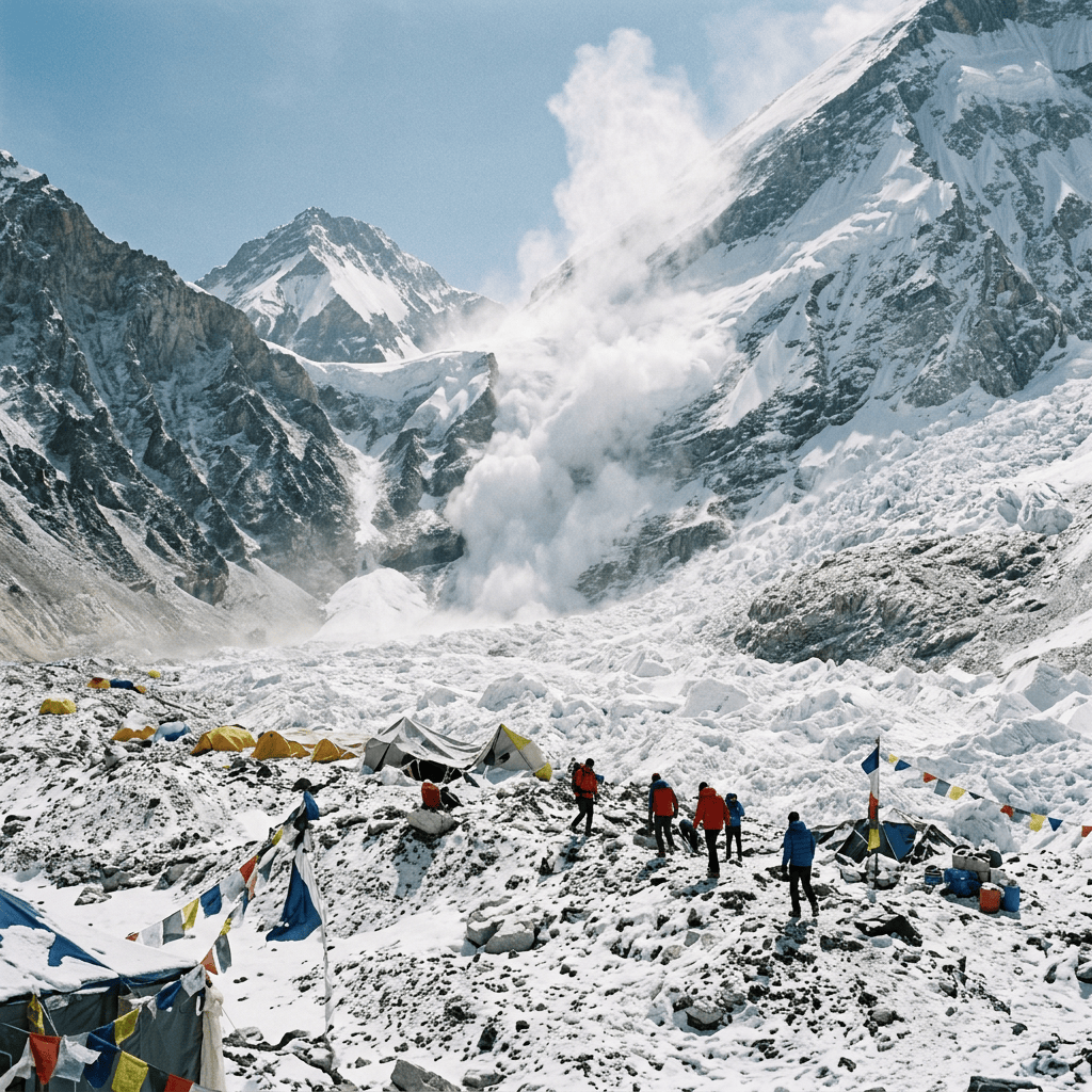 Trekkers and colorful tents beside a glacier beneath towering snow-covered peaks