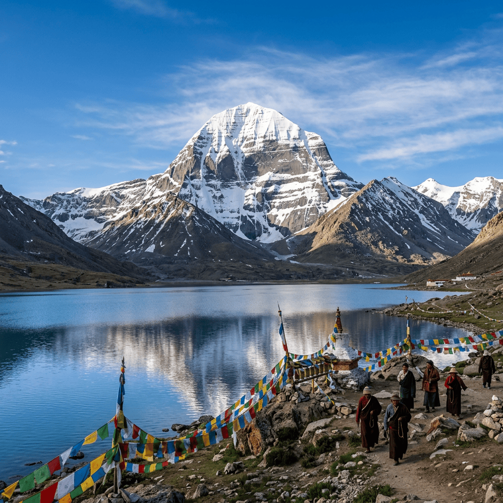 Pilgrims and prayer flags beside a Himalayan lake beneath a snow-capped mountain