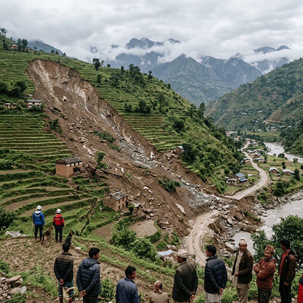 People surveying a landslide across terraced farmland in a mountain valley