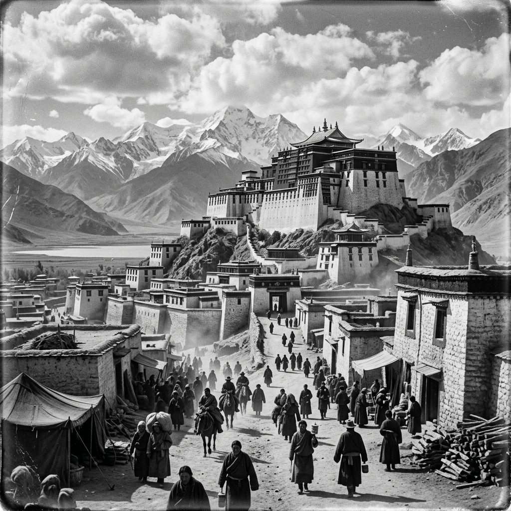 Tibetan mountain town with monastery, market street, and snow-capped peaks