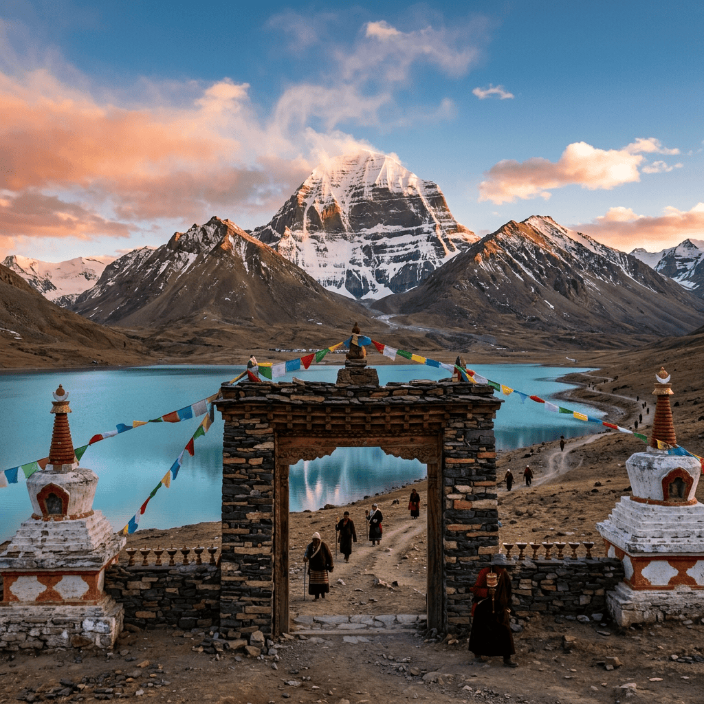 Stone gateway with prayer flags overlooking a turquoise Himalayan lake and snowy mountains