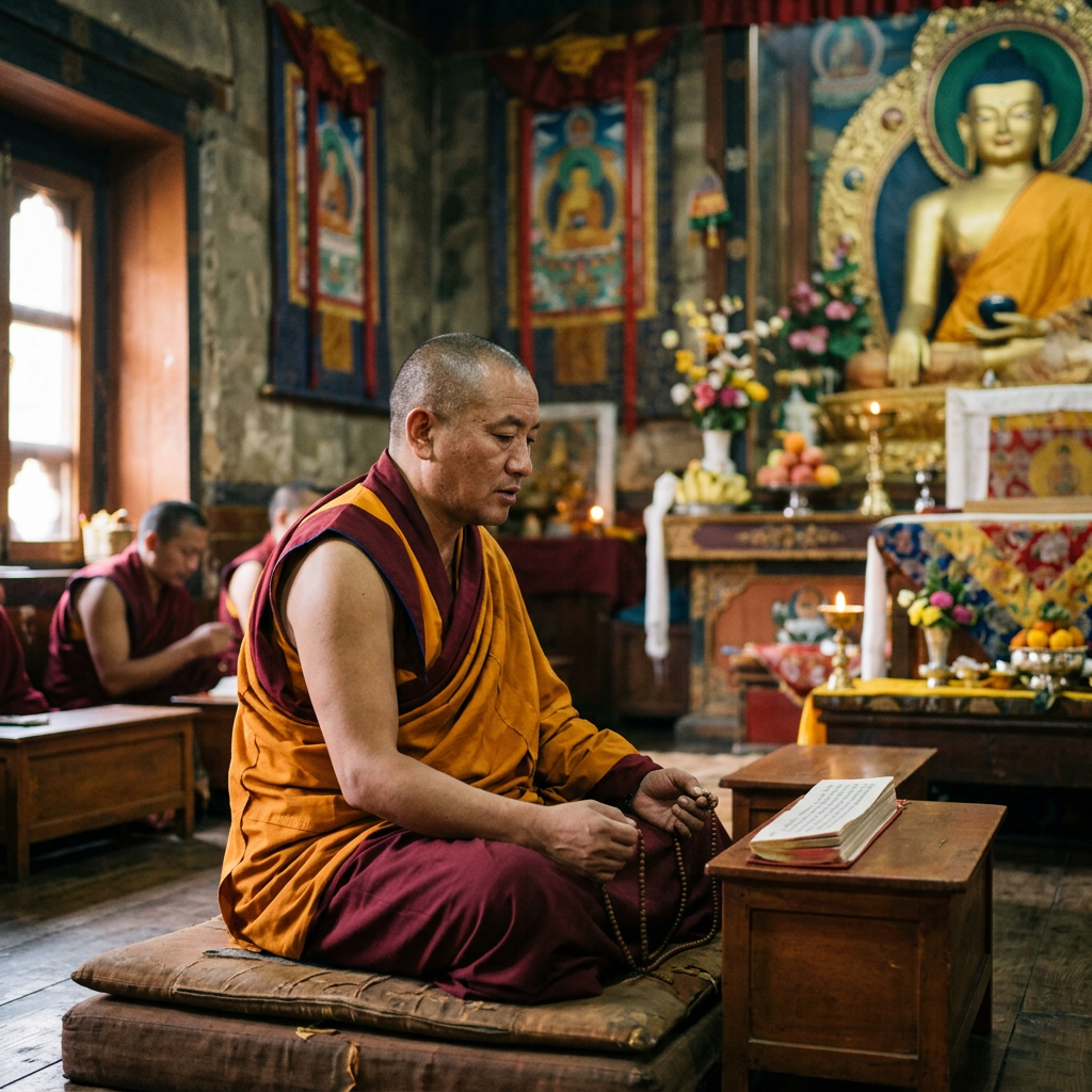 Buddhist monk meditating beside a prayer book inside a temple shrine