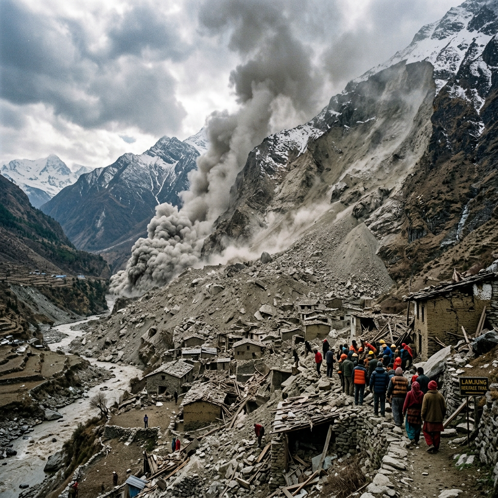 Trekkers beside a landslide-damaged mountain village; sign reads “LAMJUNG REFUGE TRAIL.”