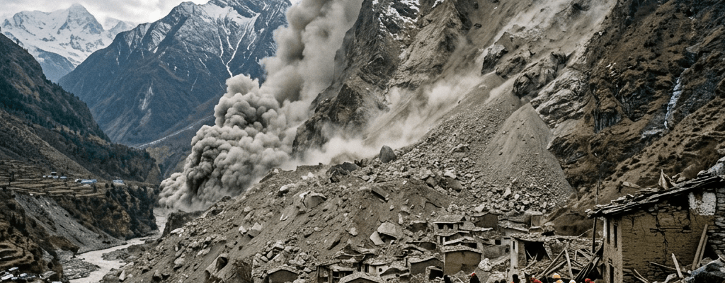 Trekkers beside a landslide-damaged mountain village; sign reads “LAMJUNG REFUGE TRAIL.”