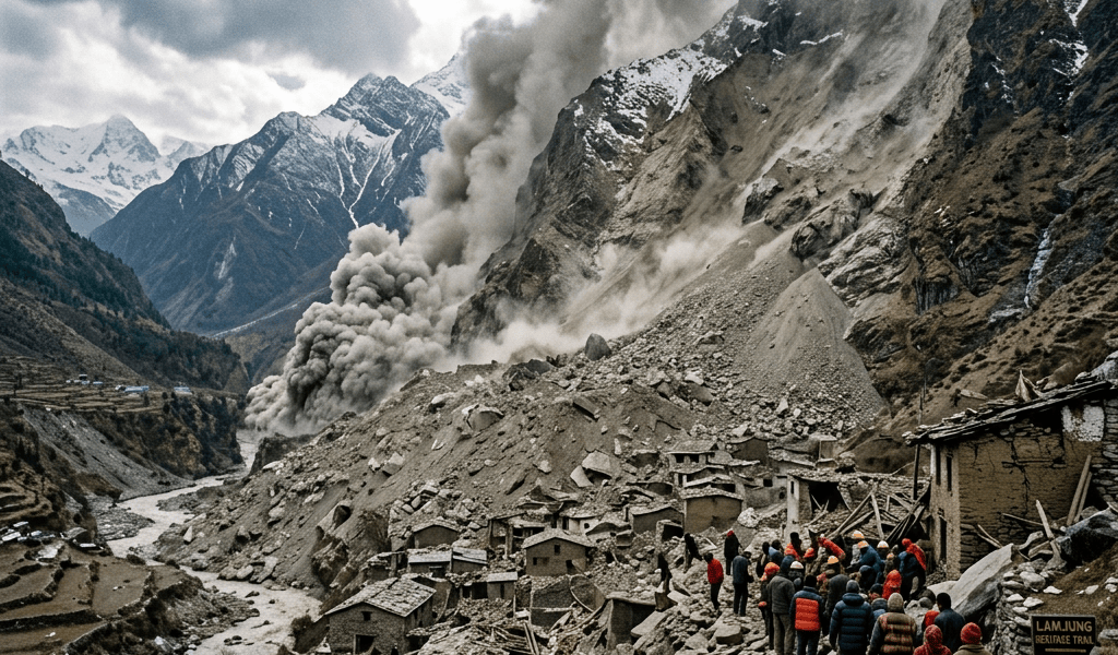 Trekkers beside a landslide-damaged mountain village; sign reads “LAMJUNG REFUGE TRAIL.”