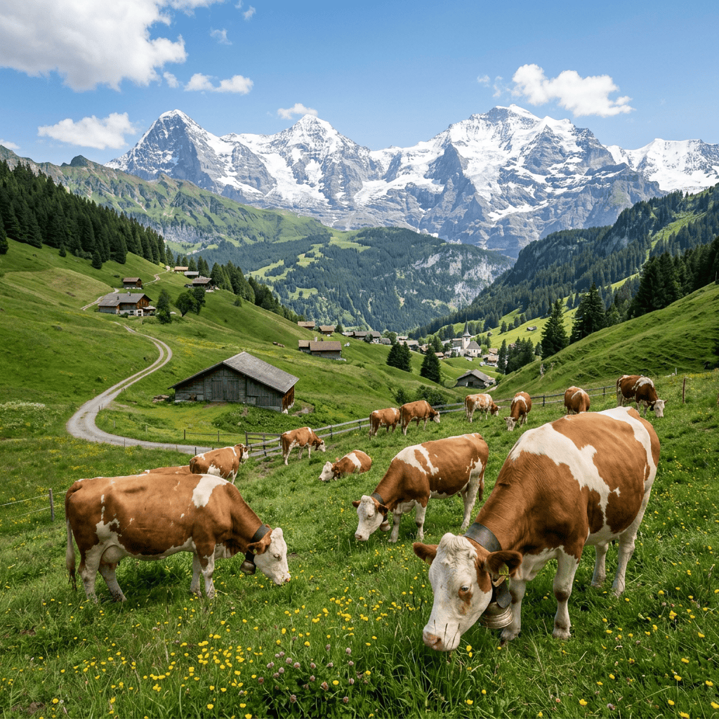 Cows grazing in a flower-filled alpine pasture beneath snow-capped mountains