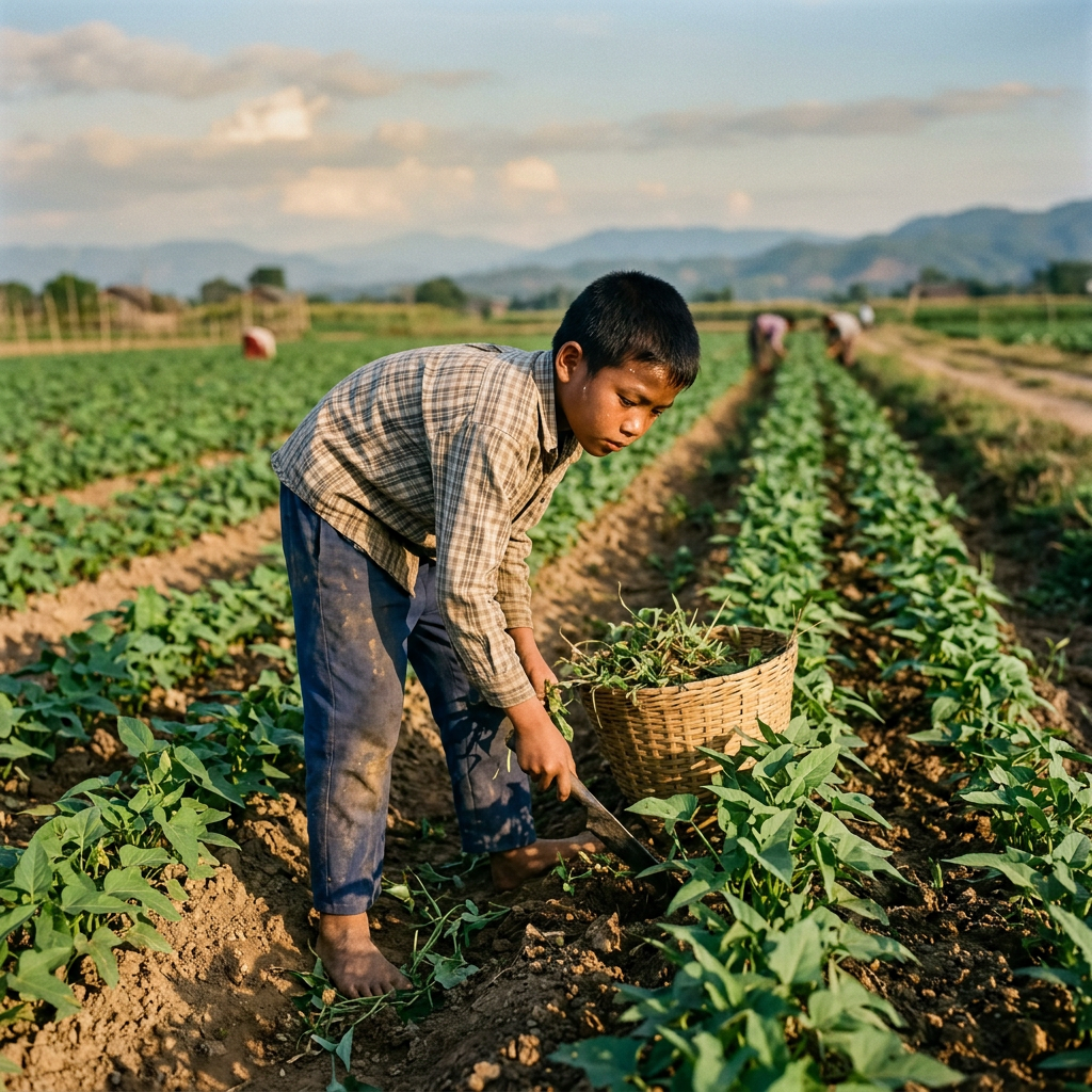 Young farm worker harvesting leafy crops with a hoe beside a basket