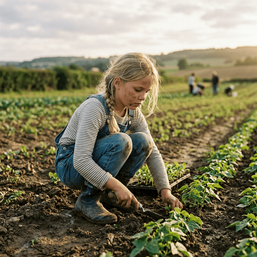 Young girl planting seedlings in a field with a hand trowel