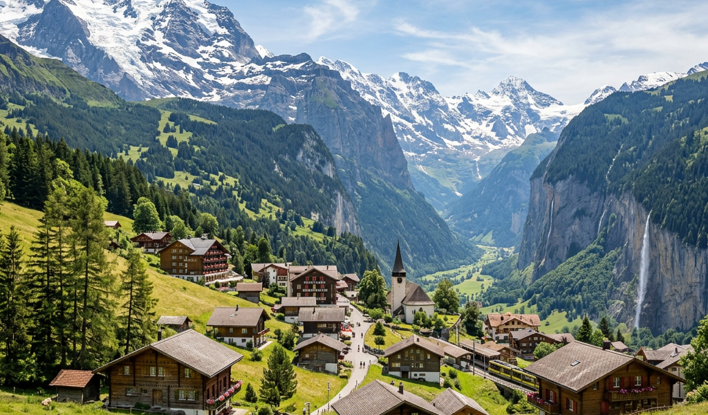 Swiss alpine village with chalets, church, cows, cliffs, and snowy mountains