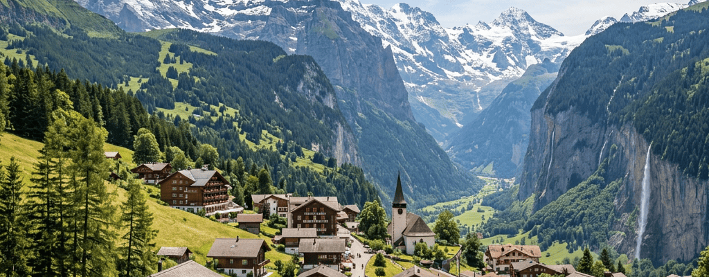 Swiss alpine village with chalets, church, cows, cliffs, and snowy mountains