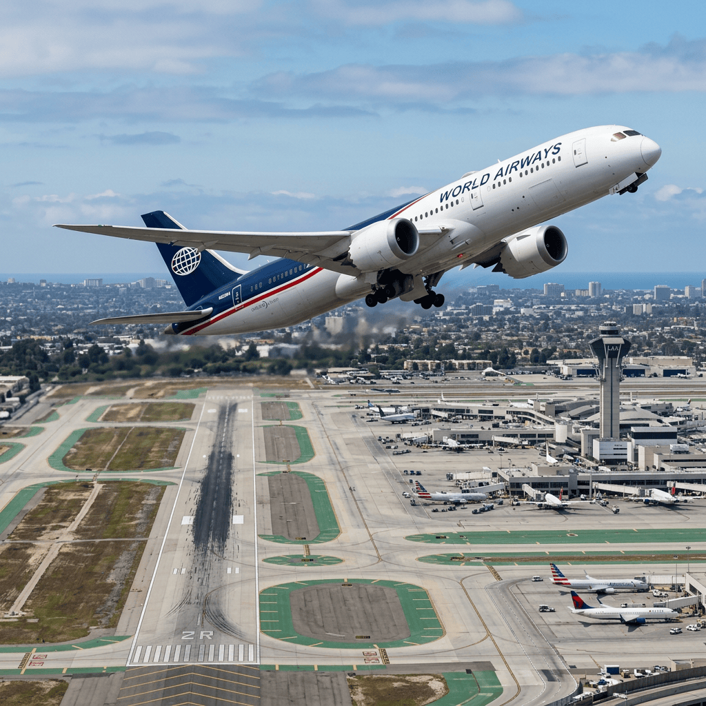 World Airways passenger jet taking off above an airport and city