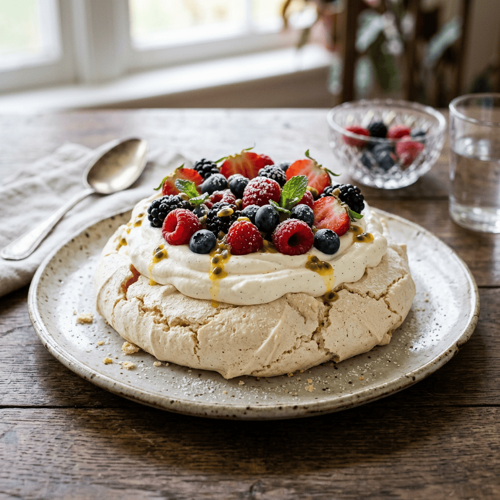 Pavlova topped with whipped cream, passion fruit, and mixed berries