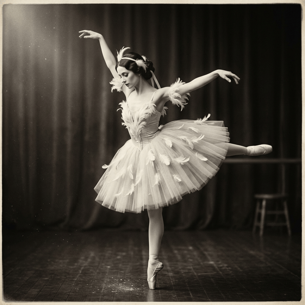 Ballerina in feathered tutu performing an extended ballet pose onstage