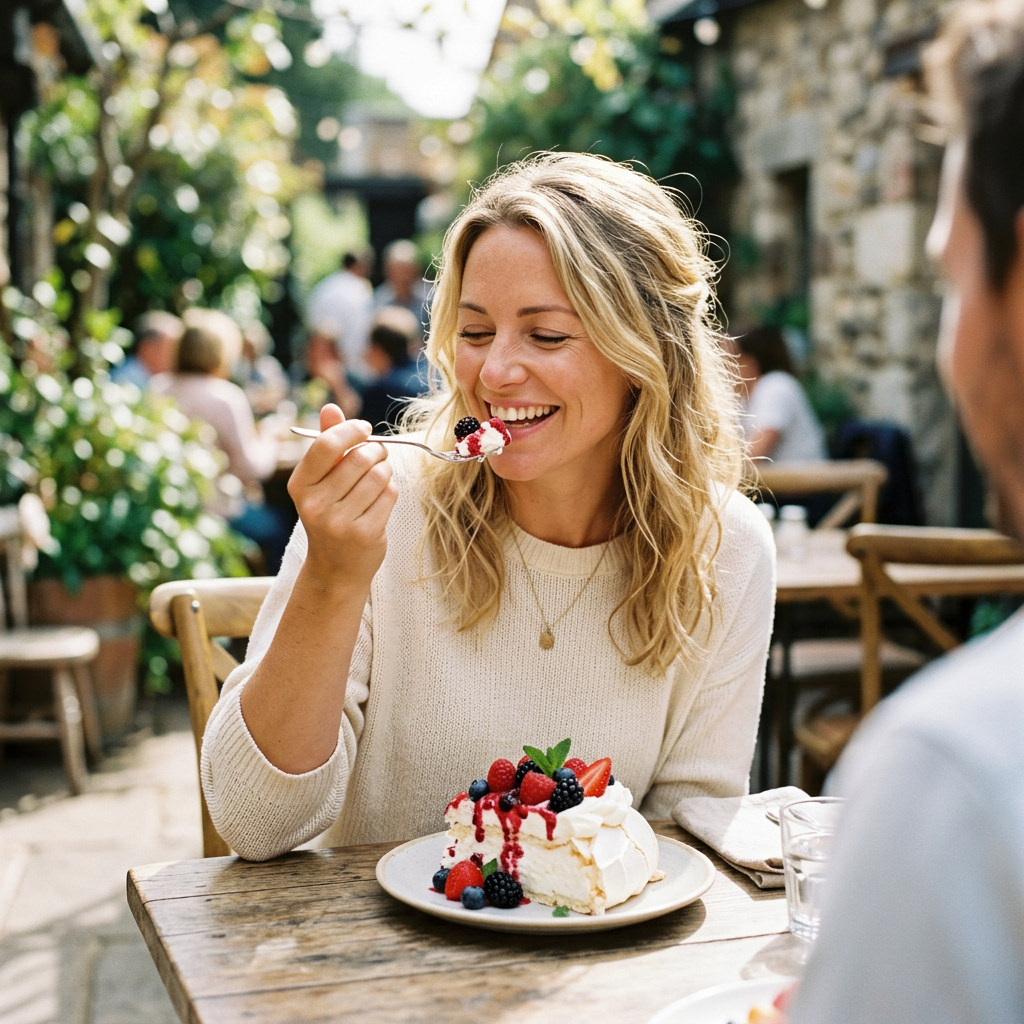 Woman eating berry-topped cake at an outdoor café