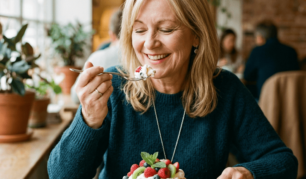 Smiling woman eating berry-topped dessert beside a cup of coffee