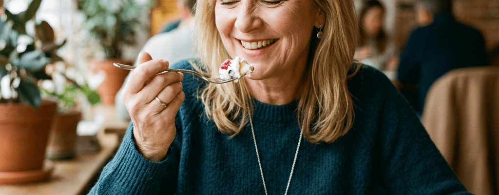 Smiling woman eating berry-topped dessert beside a cup of coffee