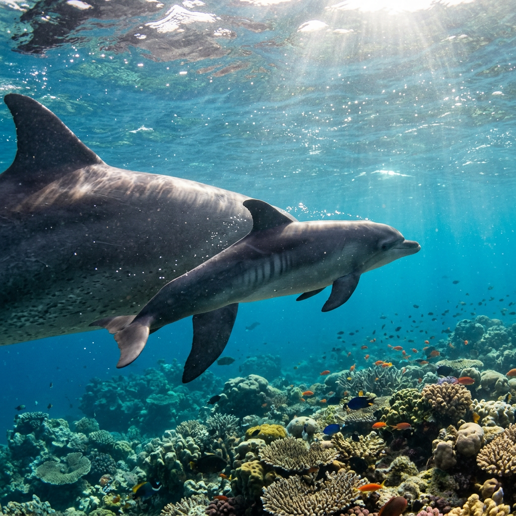 Two dolphins swimming above a colorful coral reef in clear water